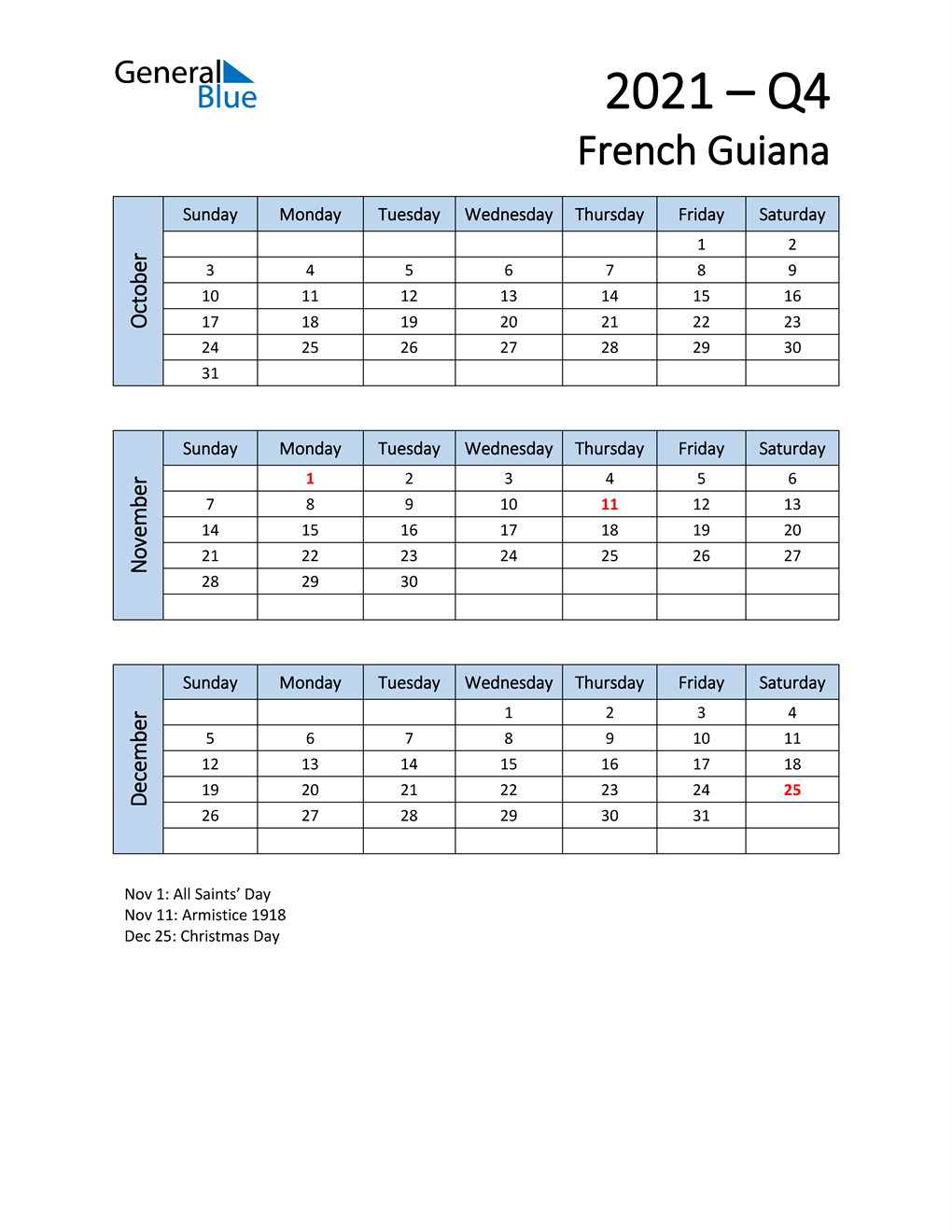  Free Q4 2021 Calendar for French Guiana