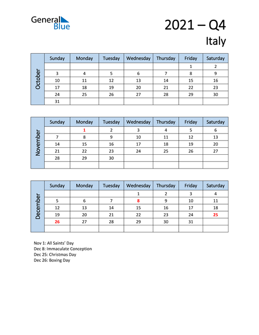  Free Q4 2021 Calendar for Italy