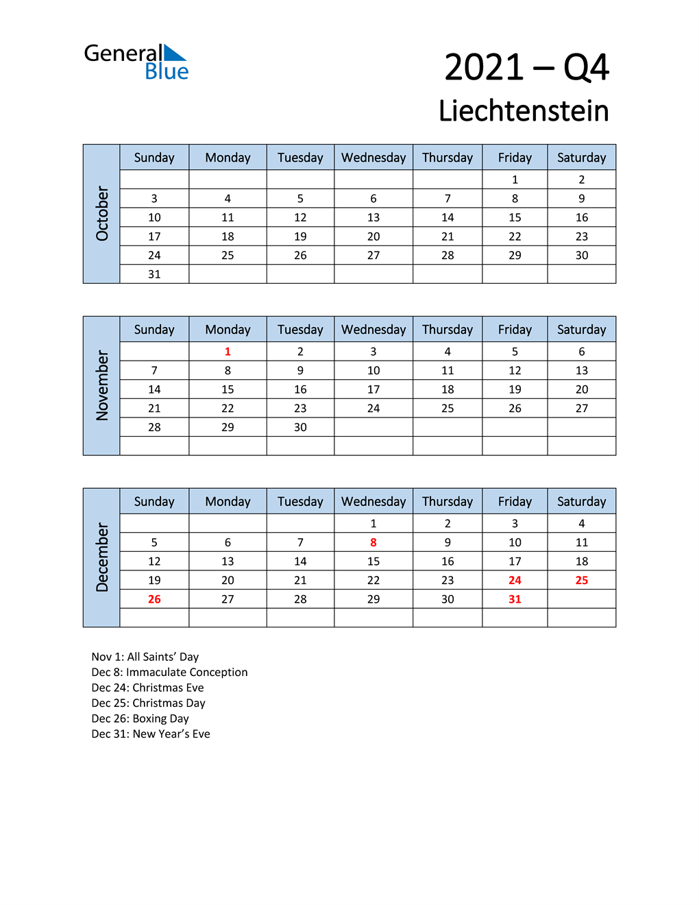  Free Q4 2021 Calendar for Liechtenstein
