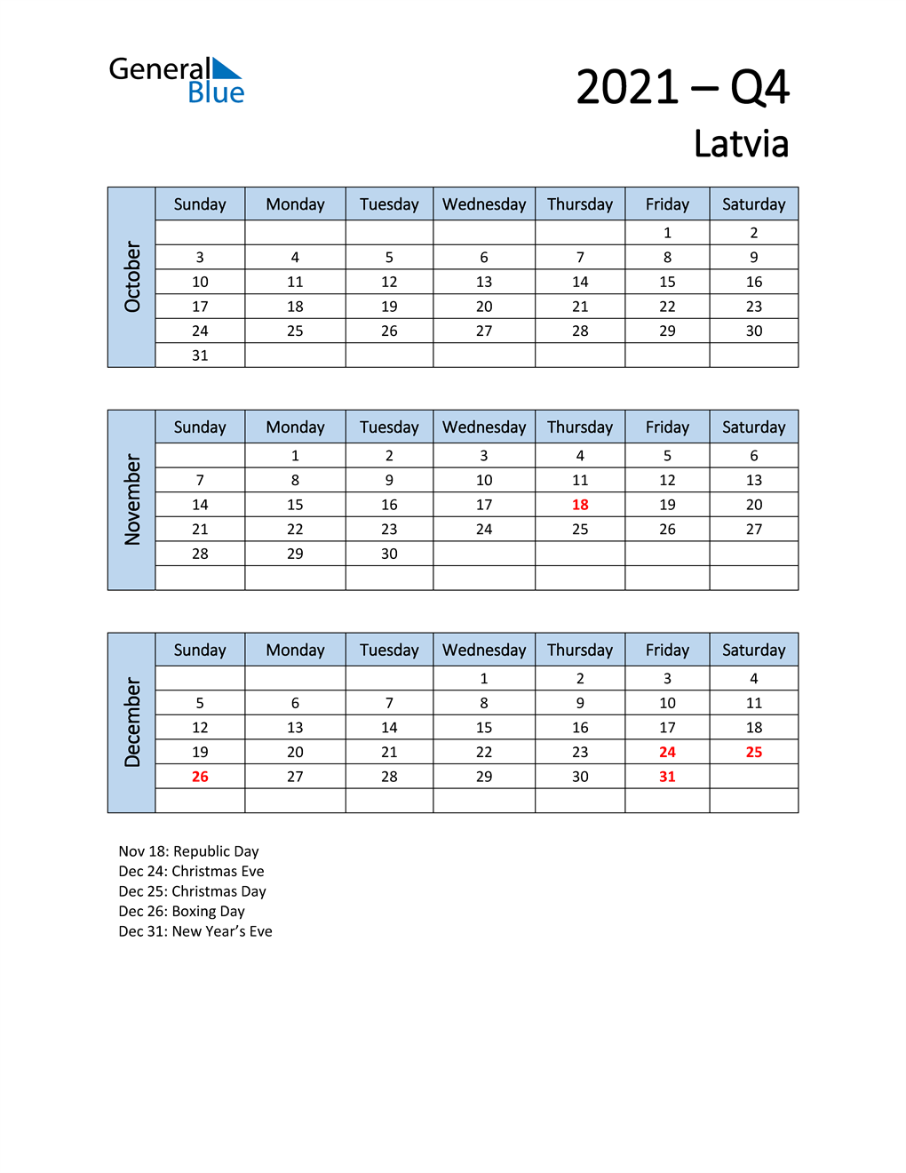  Free Q4 2021 Calendar for Latvia