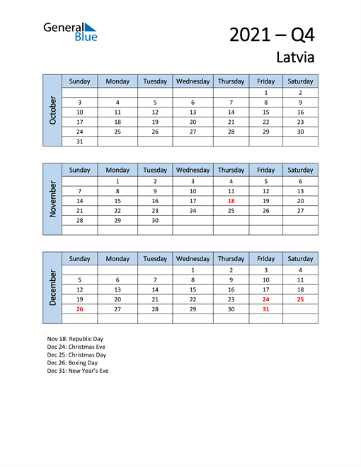  Free Q4 2021 Calendar for Latvia