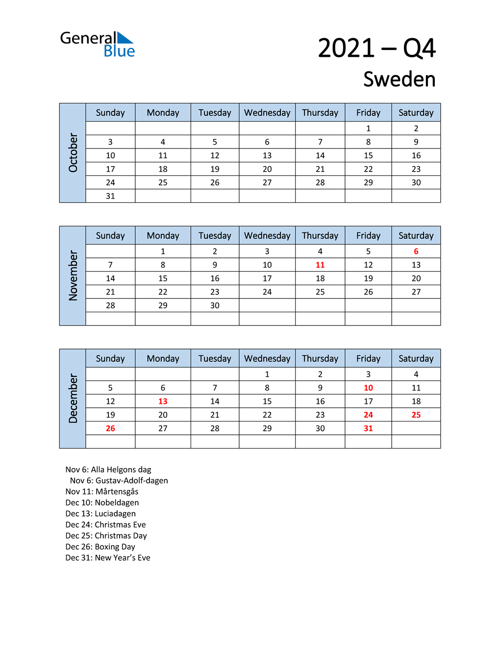  Free Q4 2021 Calendar for Sweden
