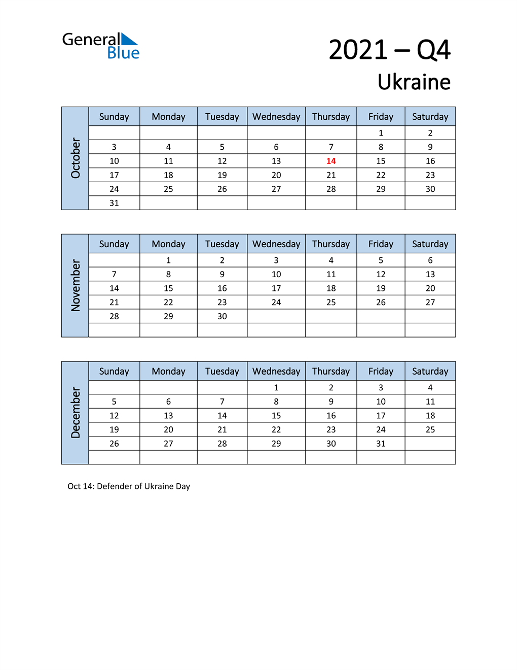  Free Q4 2021 Calendar for Ukraine