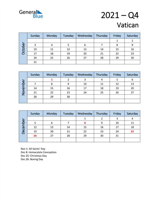  Free Q4 2021 Calendar for Vatican