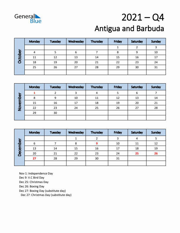 Free Q4 2021 Calendar for Antigua and Barbuda - Monday Start