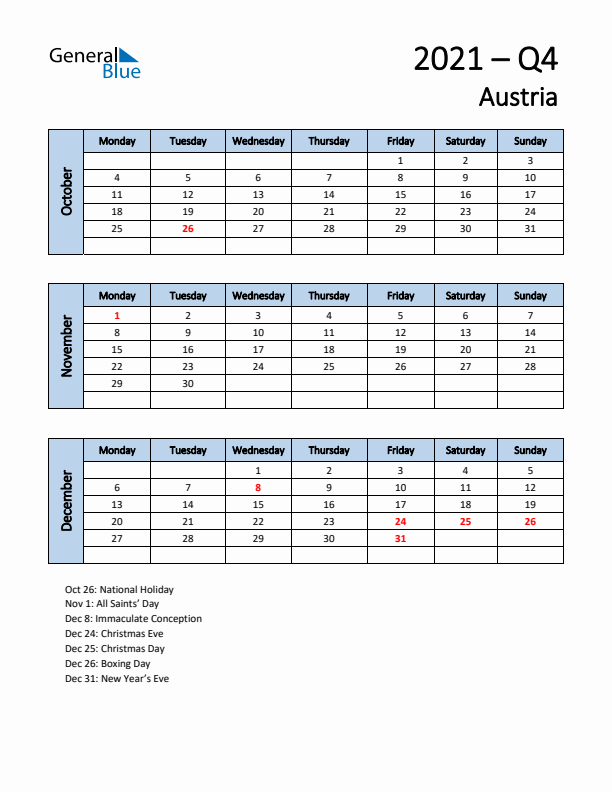 Free Q4 2021 Calendar for Austria - Monday Start