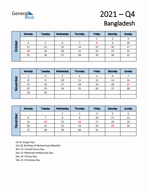 Free Q4 2021 Calendar for Bangladesh - Monday Start
