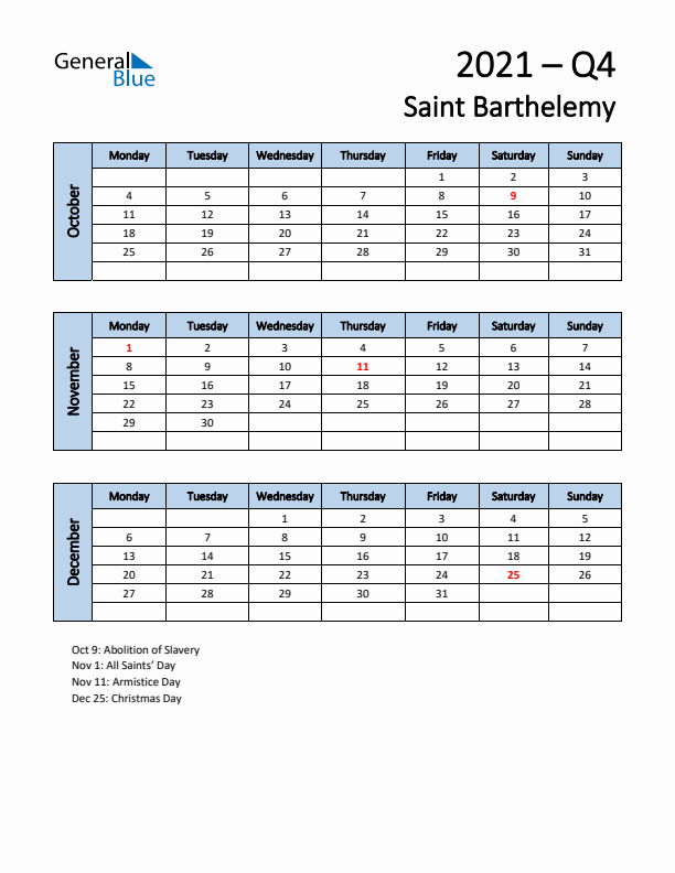 Free Q4 2021 Calendar for Saint Barthelemy - Monday Start
