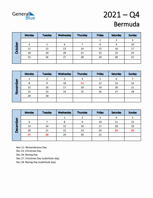 Free Q4 2021 Calendar for Bermuda - Monday Start