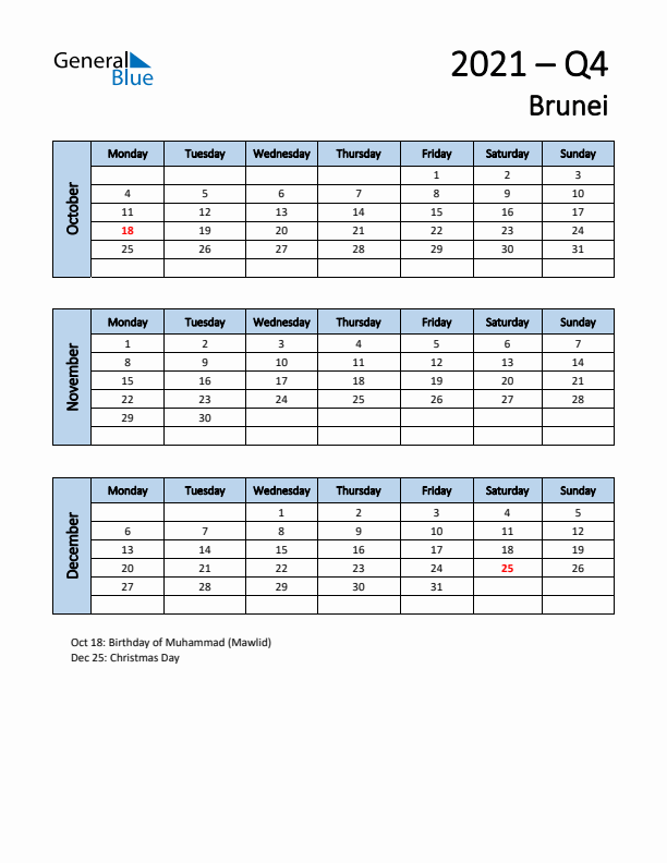 Free Q4 2021 Calendar for Brunei - Monday Start