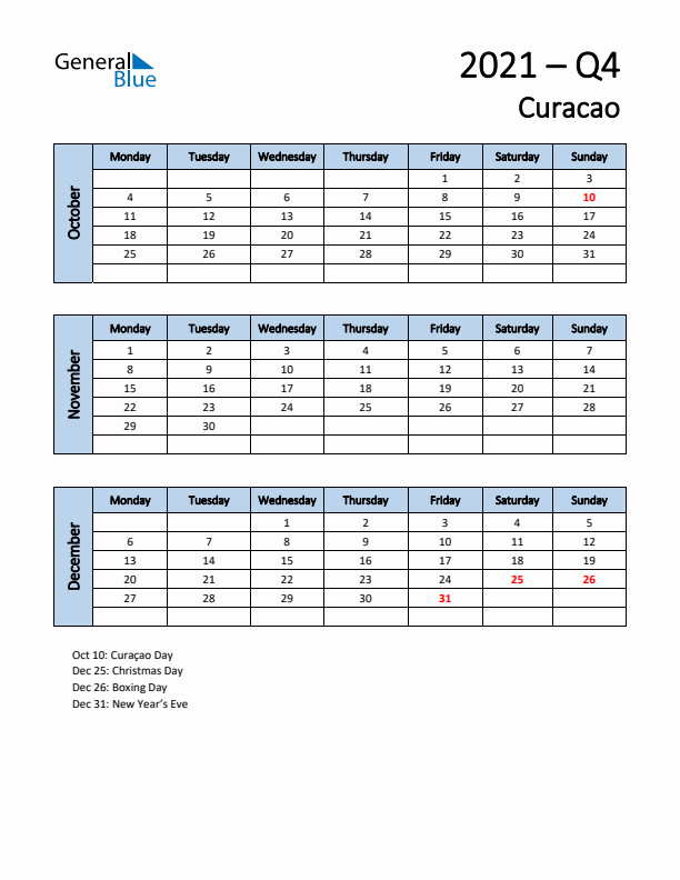 Free Q4 2021 Calendar for Curacao - Monday Start