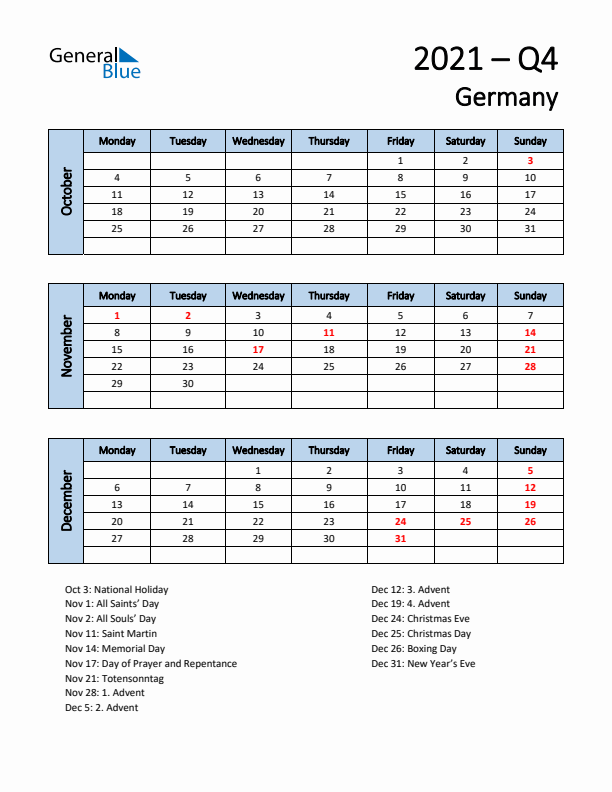 Free Q4 2021 Calendar for Germany - Monday Start