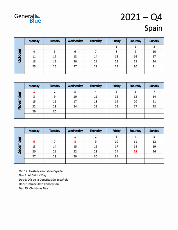 Free Q4 2021 Calendar for Spain - Monday Start