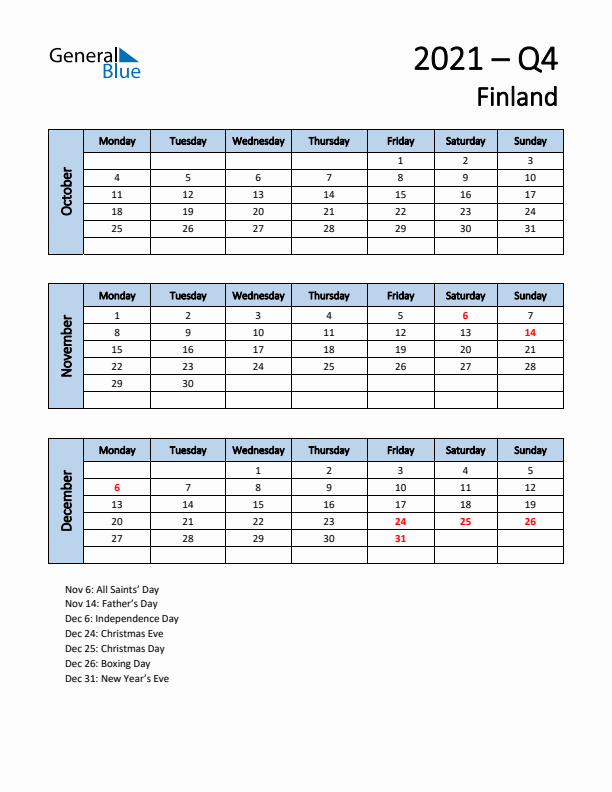 Free Q4 2021 Calendar for Finland - Monday Start