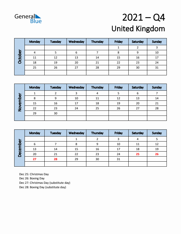Free Q4 2021 Calendar for United Kingdom - Monday Start