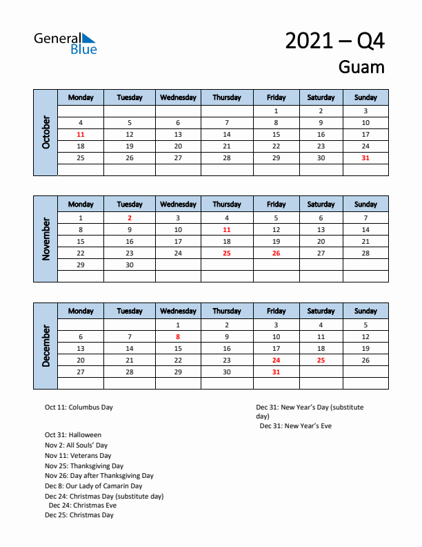 Free Q4 2021 Calendar for Guam - Monday Start