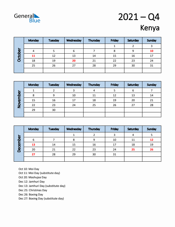 Free Q4 2021 Calendar for Kenya - Monday Start
