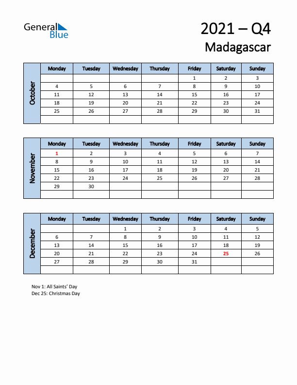 Free Q4 2021 Calendar for Madagascar - Monday Start