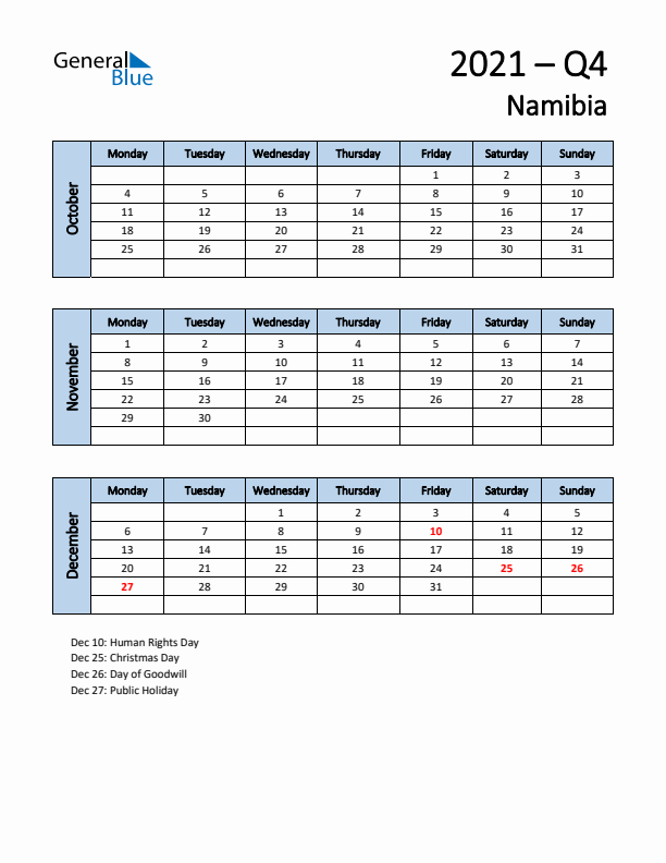 Free Q4 2021 Calendar for Namibia - Monday Start