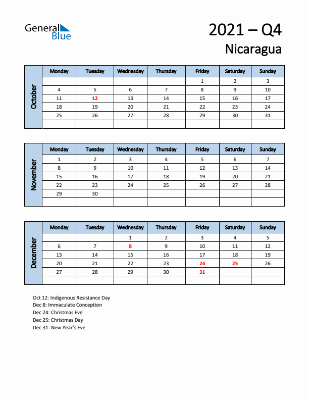 Free Q4 2021 Calendar for Nicaragua - Monday Start