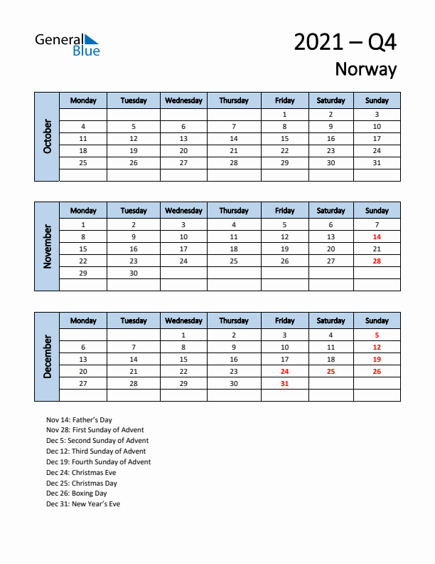 Free Q4 2021 Calendar for Norway - Monday Start