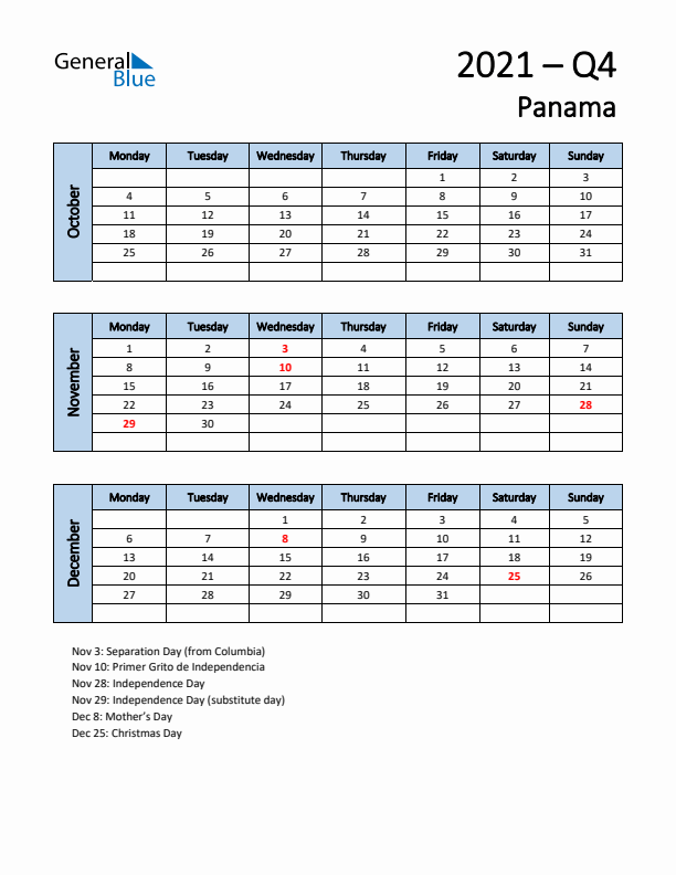 Free Q4 2021 Calendar for Panama - Monday Start