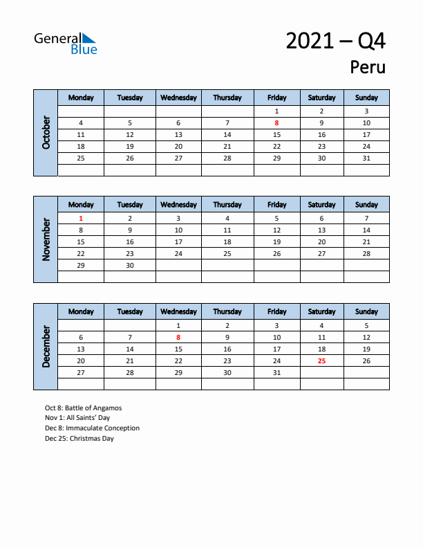 Free Q4 2021 Calendar for Peru - Monday Start