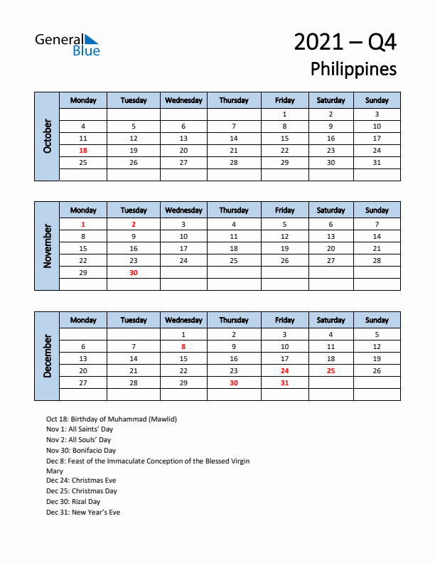Free Q4 2021 Calendar for Philippines - Monday Start