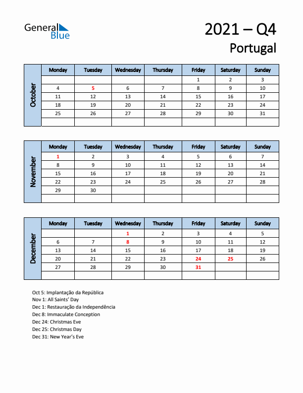 Free Q4 2021 Calendar for Portugal - Monday Start