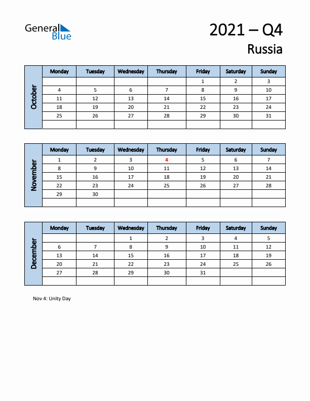 Free Q4 2021 Calendar for Russia - Monday Start