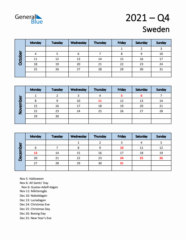 Free Q4 2021 Calendar for Sweden - Monday Start