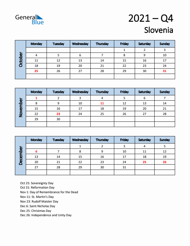 Free Q4 2021 Calendar for Slovenia - Monday Start