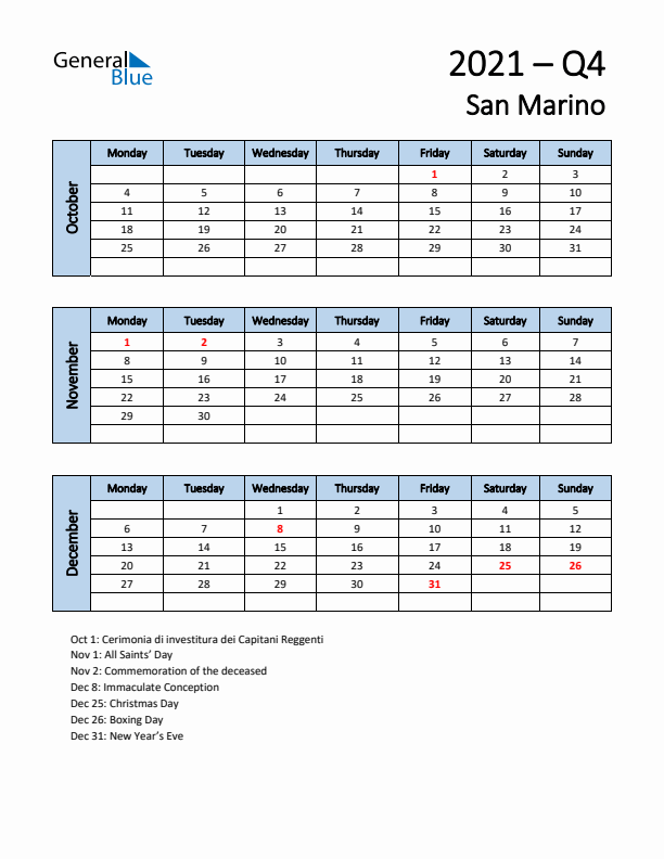 Free Q4 2021 Calendar for San Marino - Monday Start