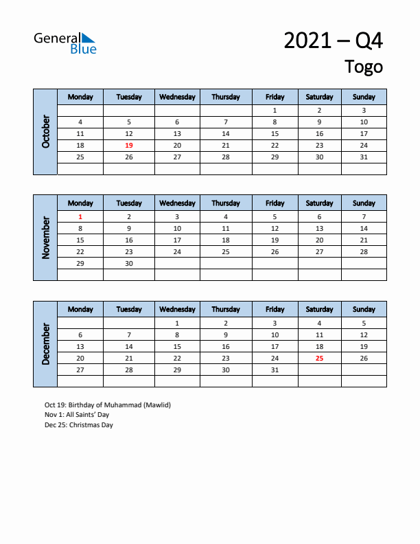 Free Q4 2021 Calendar for Togo - Monday Start