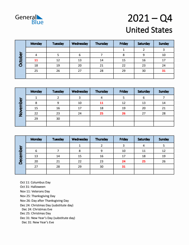 Free Q4 2021 Calendar for United States - Monday Start