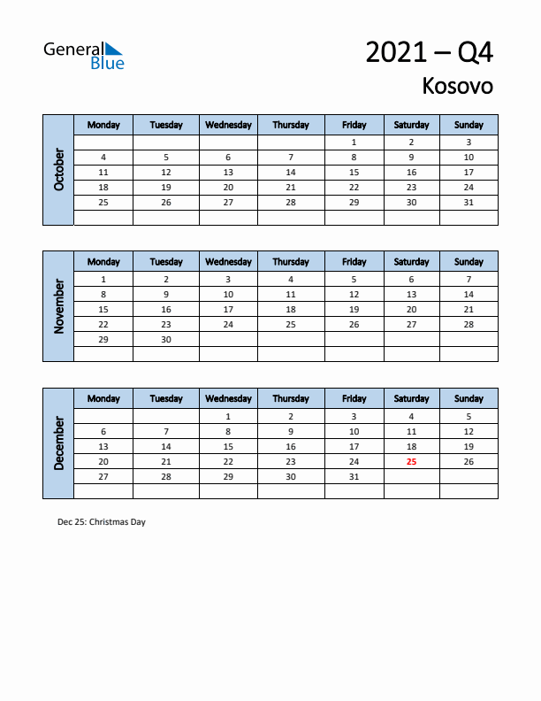 Free Q4 2021 Calendar for Kosovo - Monday Start