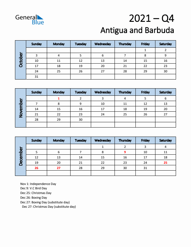Free Q4 2021 Calendar for Antigua and Barbuda - Sunday Start