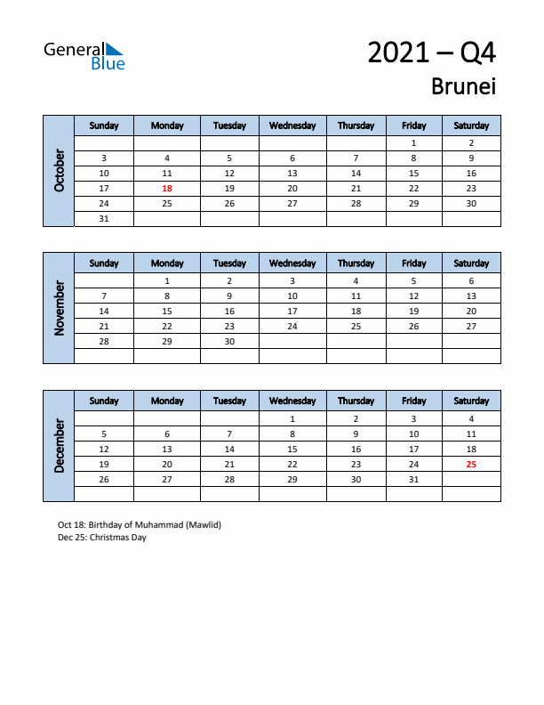 Free Q4 2021 Calendar for Brunei - Sunday Start