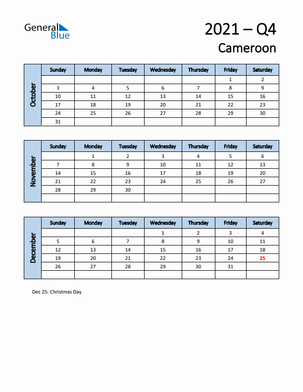 Free Q4 2021 Calendar for Cameroon - Sunday Start