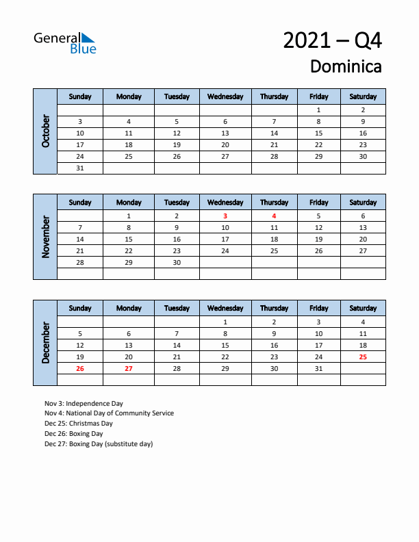 Free Q4 2021 Calendar for Dominica - Sunday Start