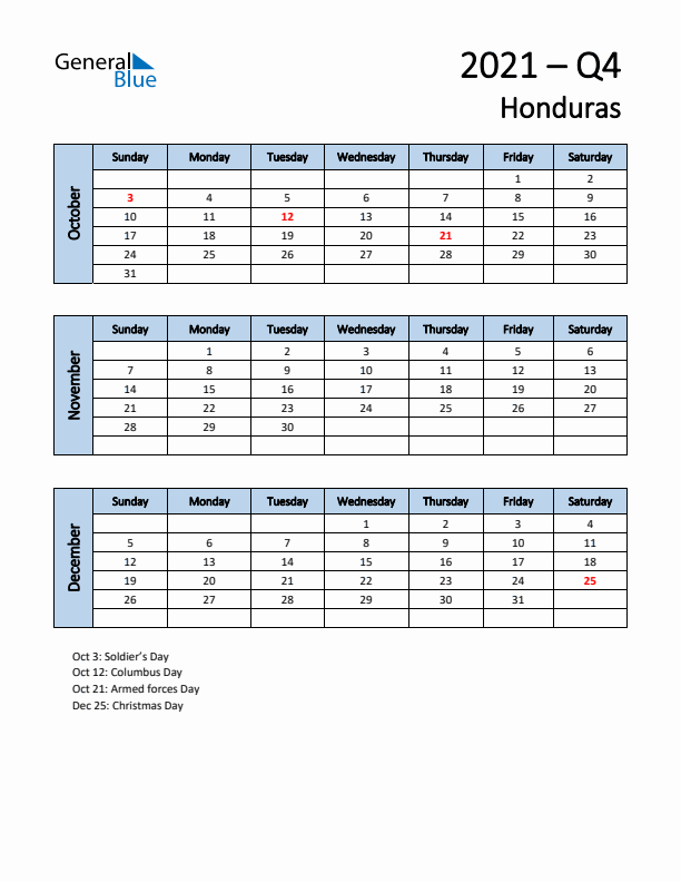 Free Q4 2021 Calendar for Honduras - Sunday Start