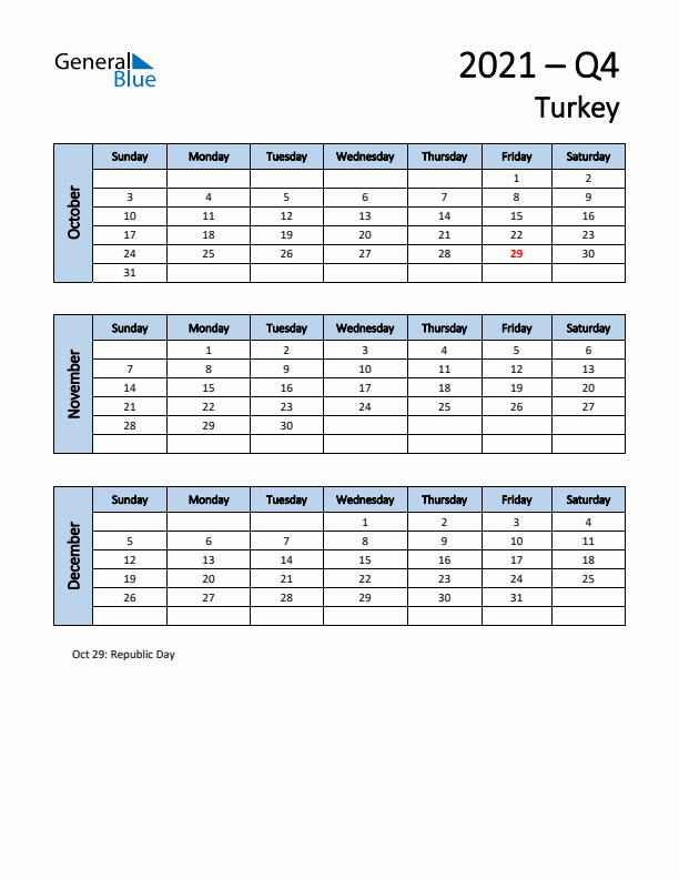 Free Q4 2021 Calendar for Turkey - Sunday Start
