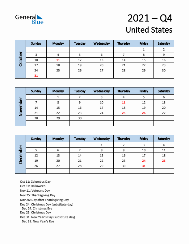 Free Q4 2021 Calendar for United States - Sunday Start