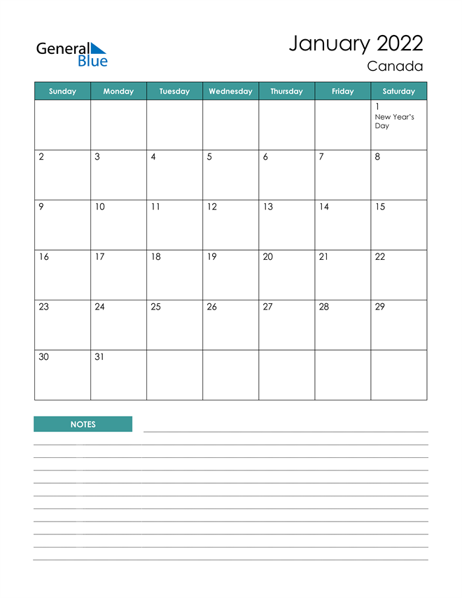 canada january 2022 calendar with holidays