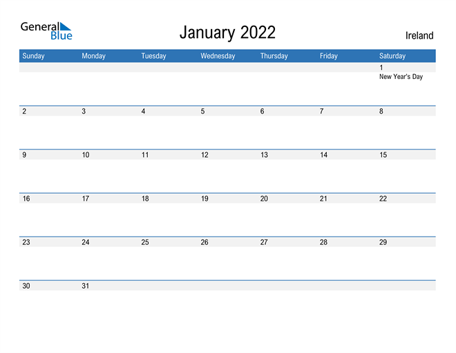 ireland january 2022 calendar with holidays