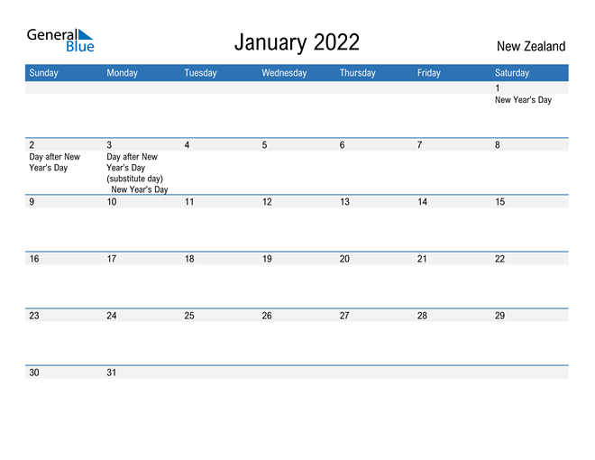 new zealand january 2022 calendar with holidays