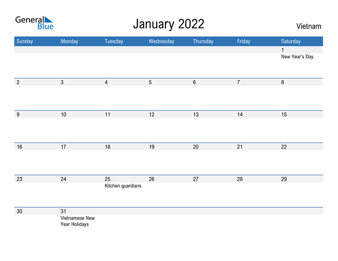 Vietnam January 2022 Calendar with Holidays