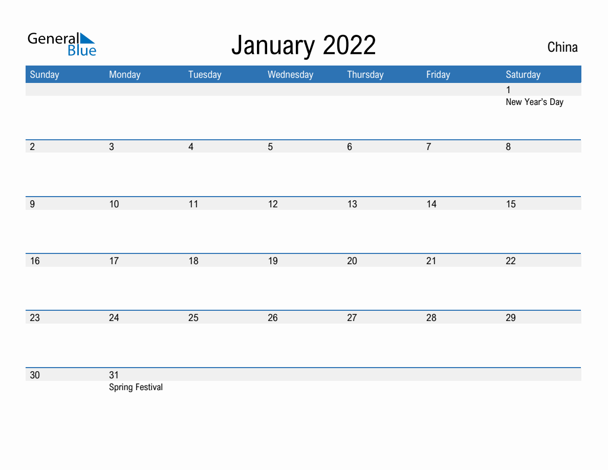 January 2022 Monthly Calendar With China Holidays