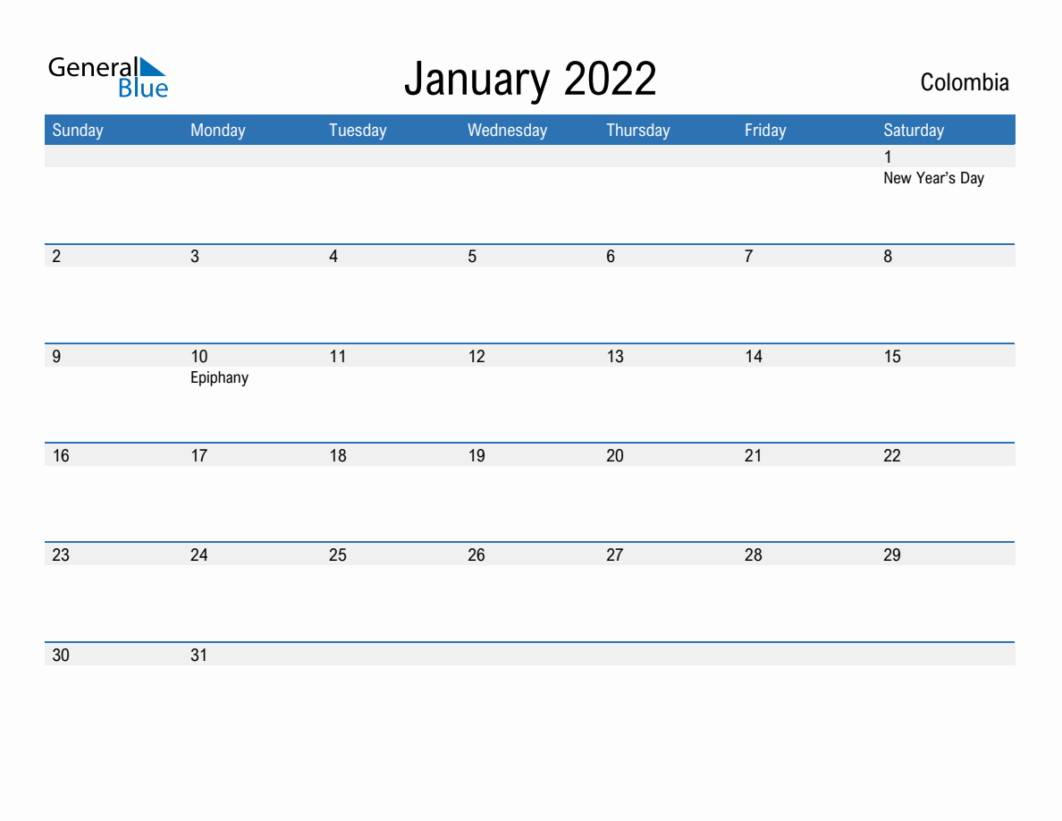 January 2022 Monthly Calendar with Colombia Holidays