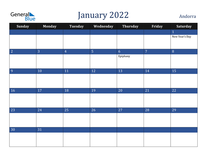 January 2022 Andorra Calendar